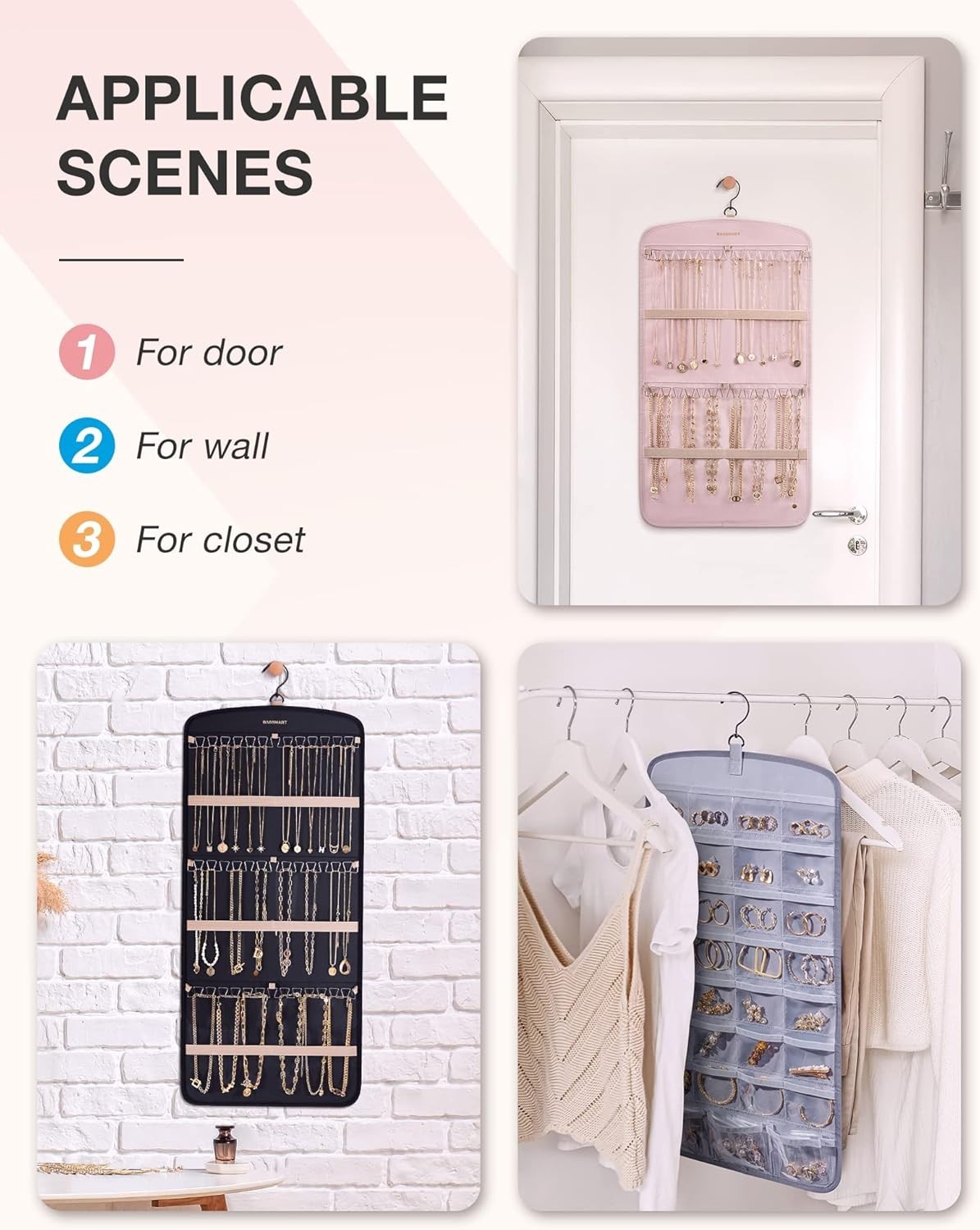 Hanging Jewelry Organizer with 32 Transparent Pockets and 20 Anti-tarnish Bags