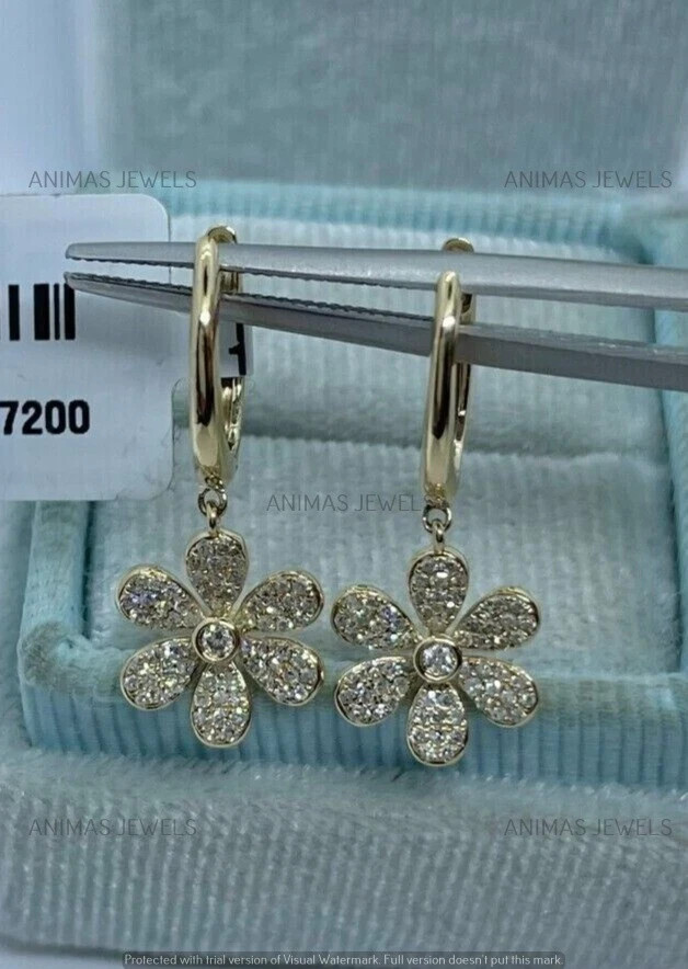 1 CT Round Real Moissanite Flower Drop & Dangle Earrings 14K Yellow Gold Plated