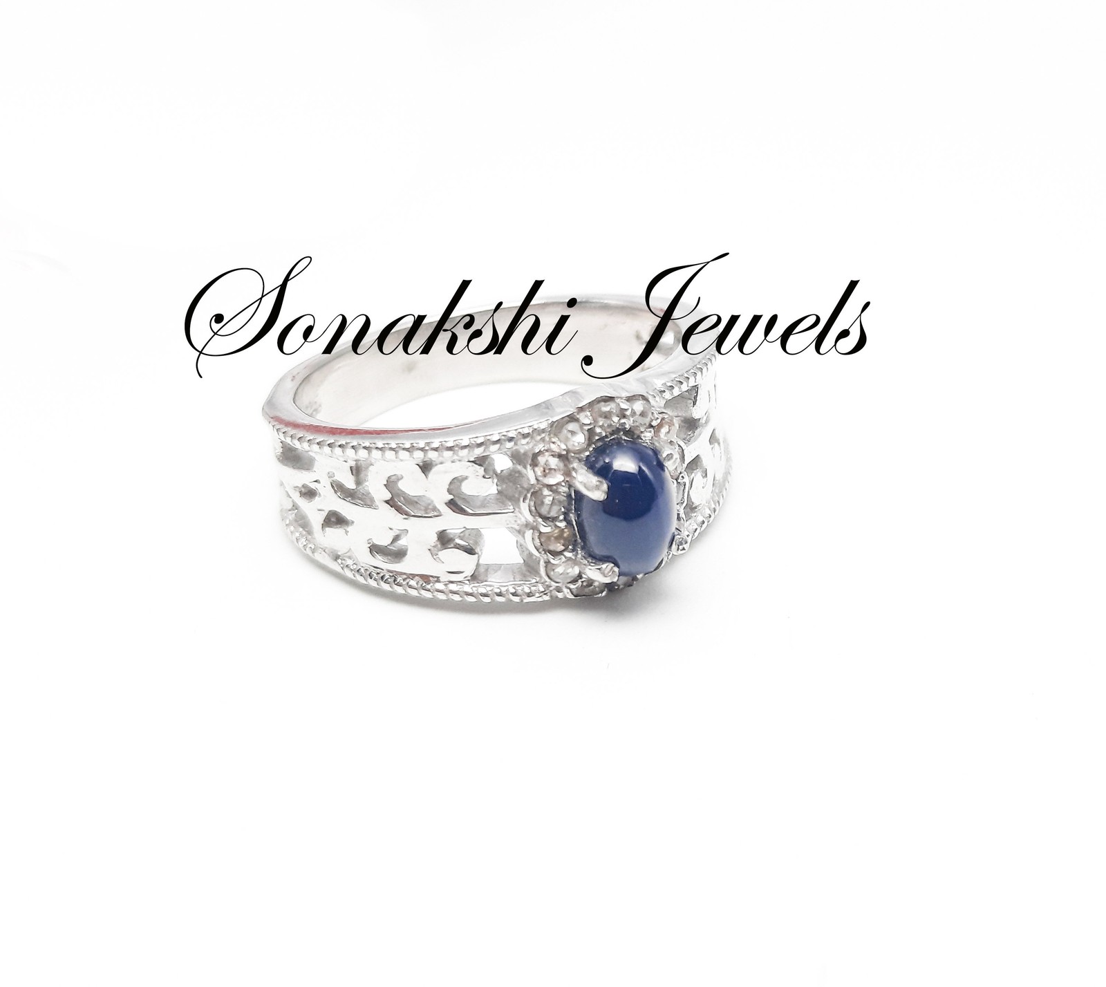 Blue Sapphire Ring: Handcrafted Sterling Silver Pave Diamond Jewelry Ring