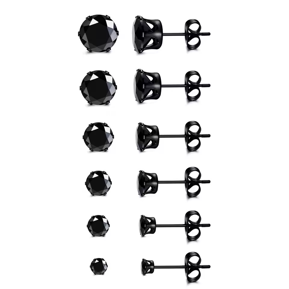 Mens Women Stainless Steel Black Round Cubic Zirconia Ear Studs Earrings 3mm-8mm