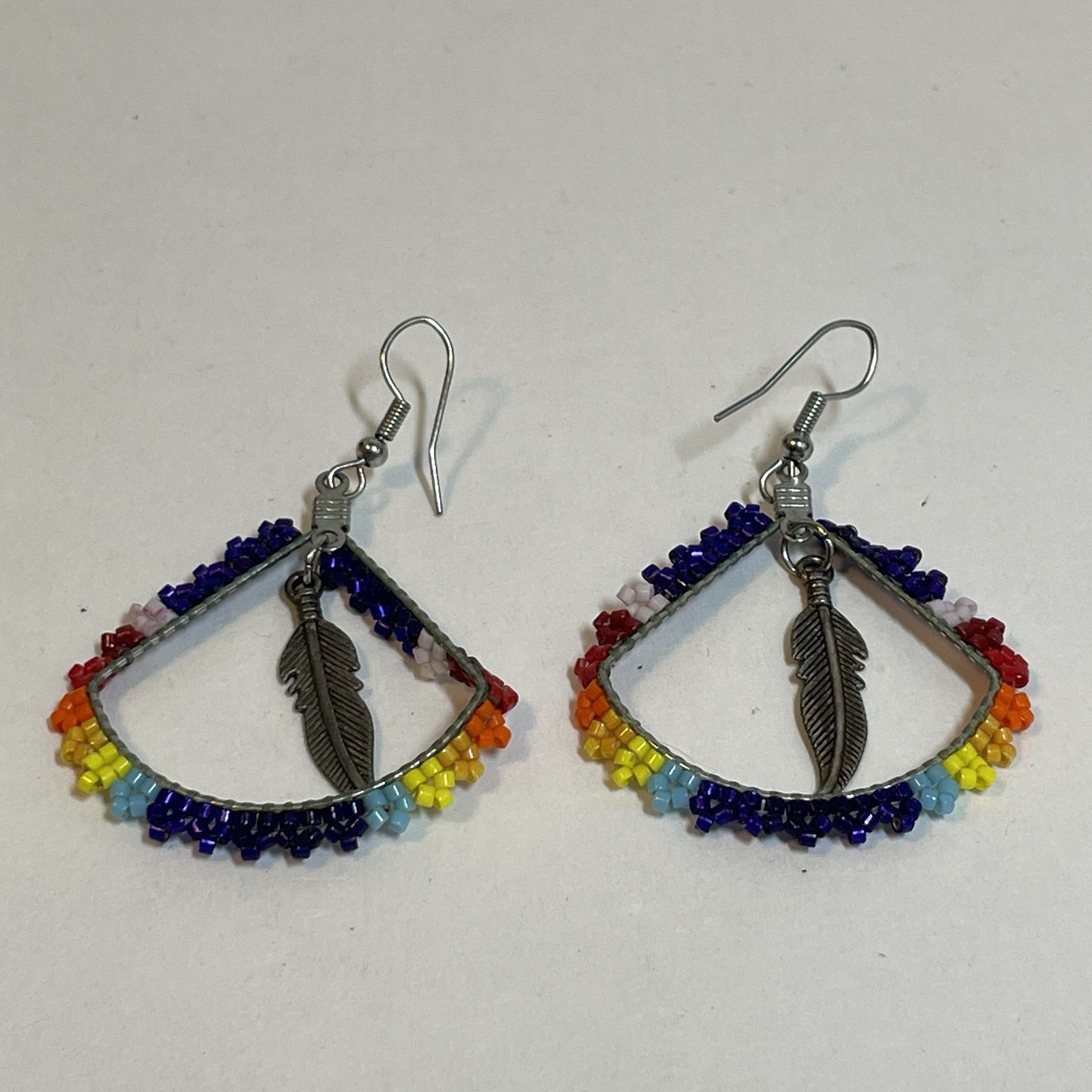 Vintage Rainbow Seed Bead Hoop Wire Earrings Silver Tone Festival Boho Colorful