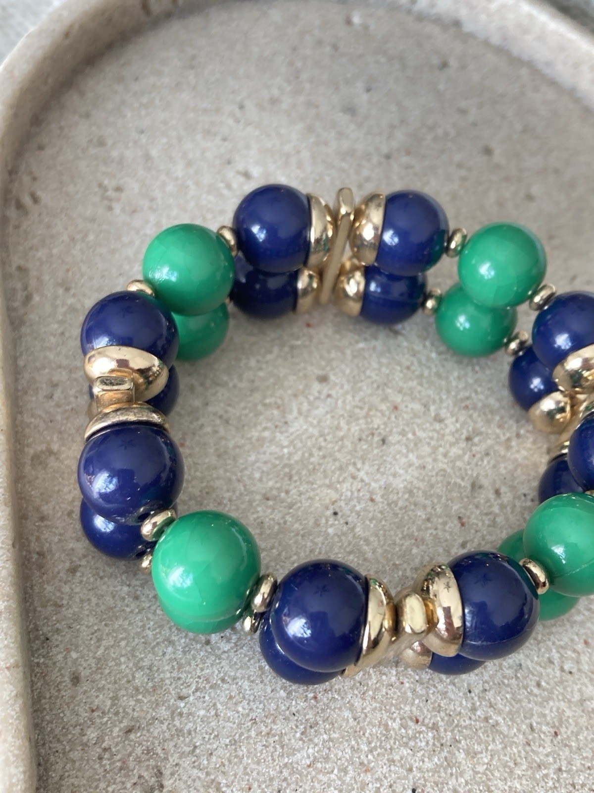 Chunky Beaded Stretch Bracelet Blue Green Gold Tone Preppy Statement Nautical