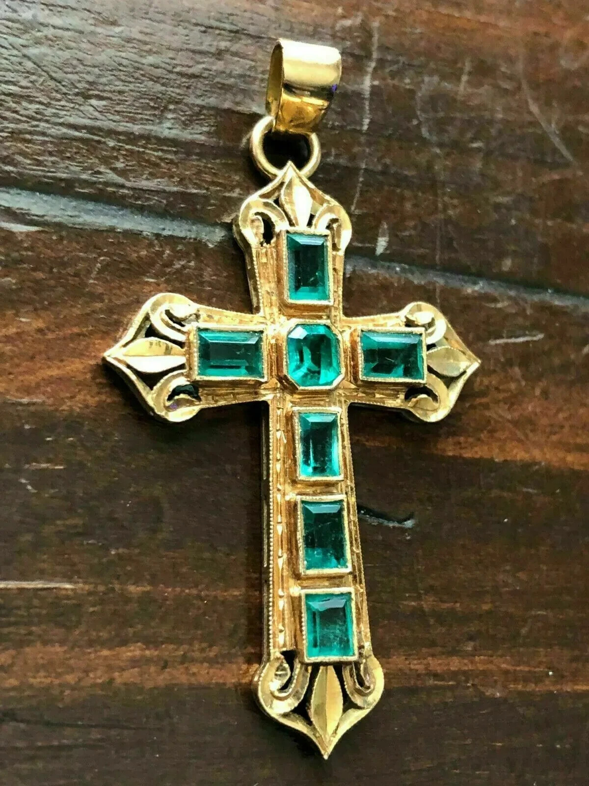 3Ct Emerald Cut Green Emerald Cross Pendant 14k Yellow Gold Finish