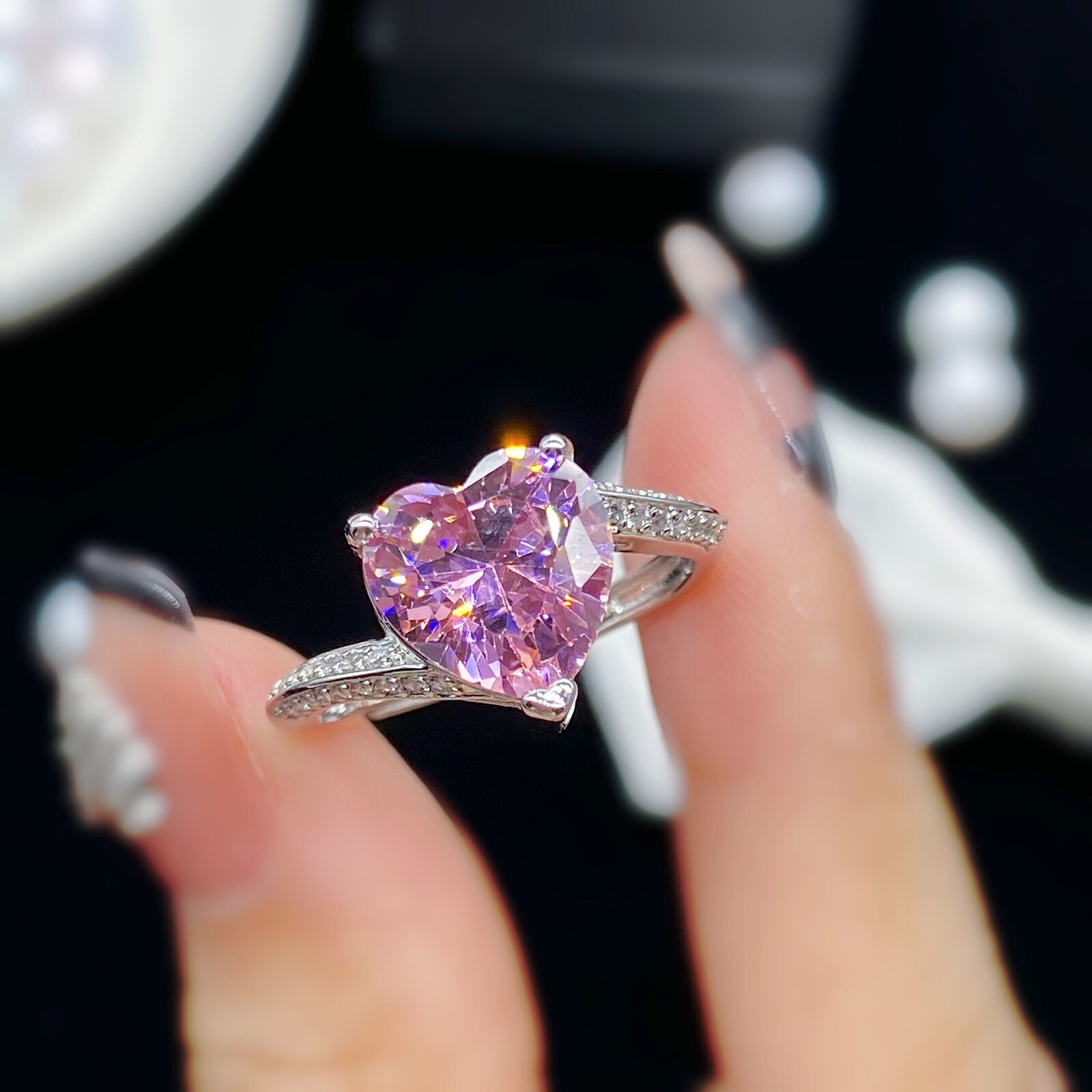 18K White Gold Plated Pink Gemstone Crystal Love Heart Ring for Women,Gifts