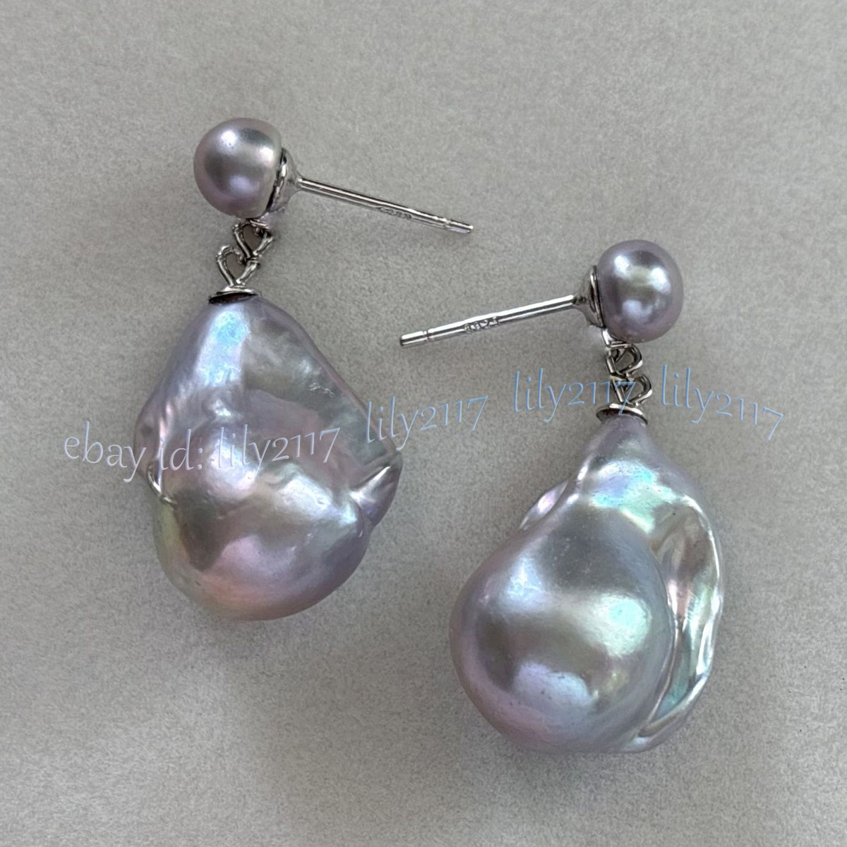 Huge Natural Silver Gray Baroque Keshi Pearl Dangle Silver Stud Earrings Jewelry