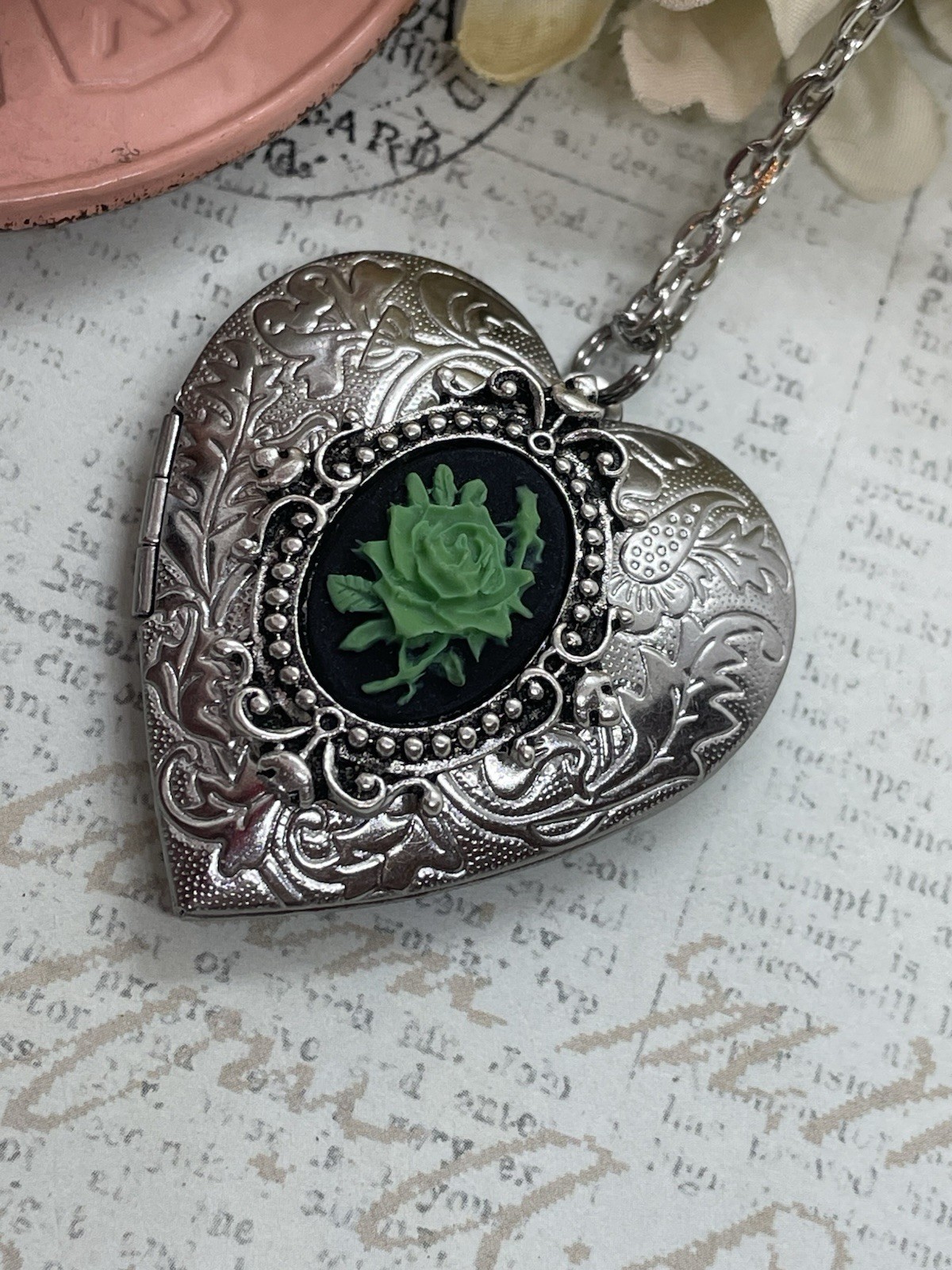 Heart Silver Locket Green Rose Gothic Black Necklace Photo Bride bridal wedding