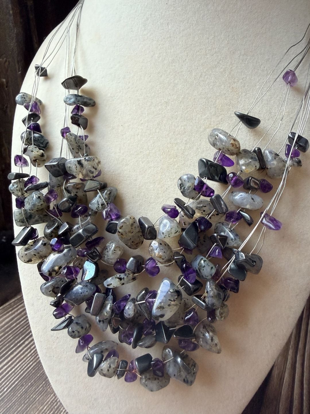 Multi-Strand Gemstone Chip Necklace with Amethyst and Labradorite