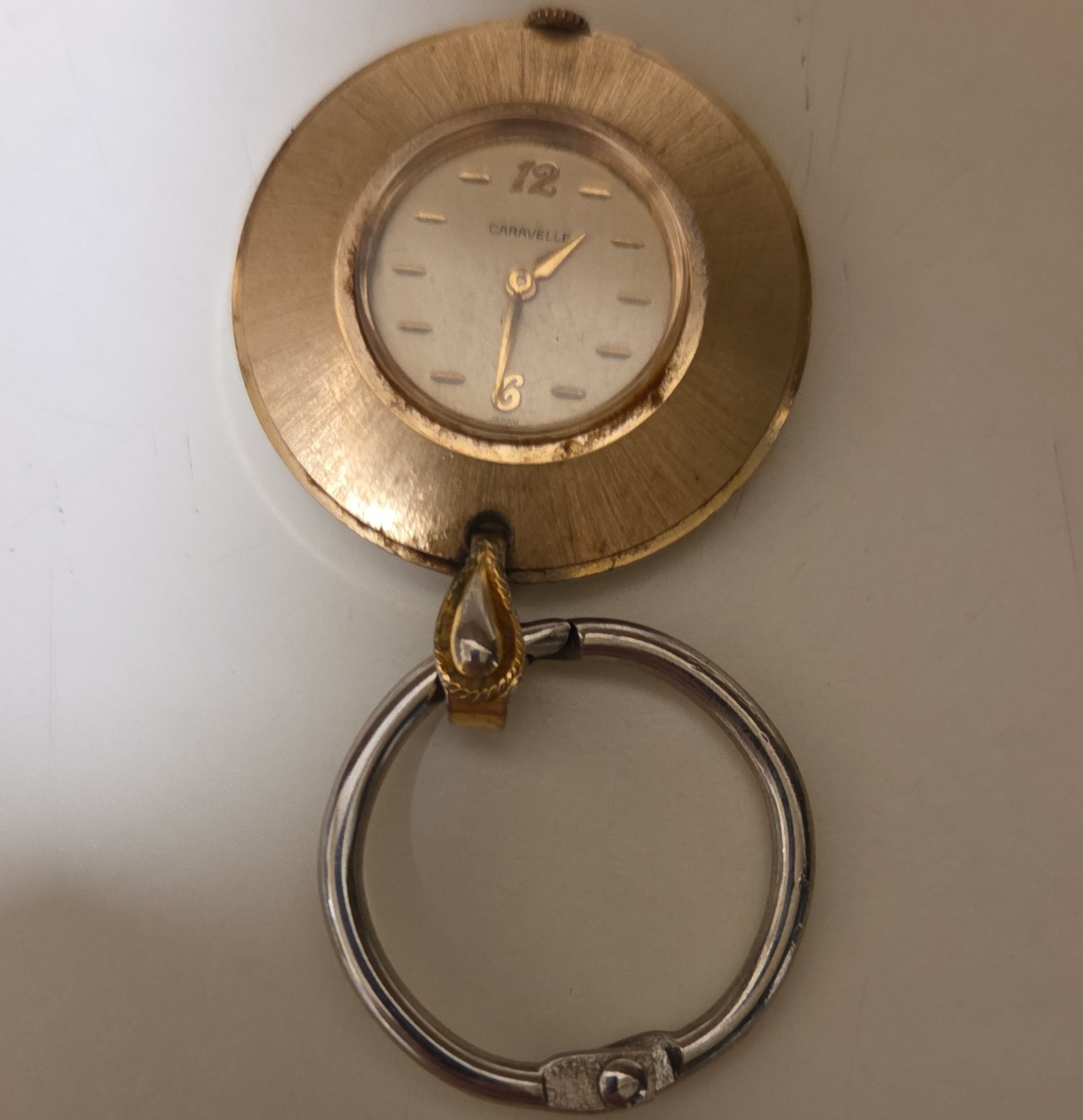Caravelle Vintage 1970s Quartz Full Hunter Pocket Watch Key Ring Chain Gold