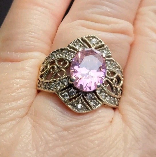 🌸4 Ct Light Cotton Candy Pink & White CZ ? 925 S/S Filigre Ring Sz 7 Marked BBJ