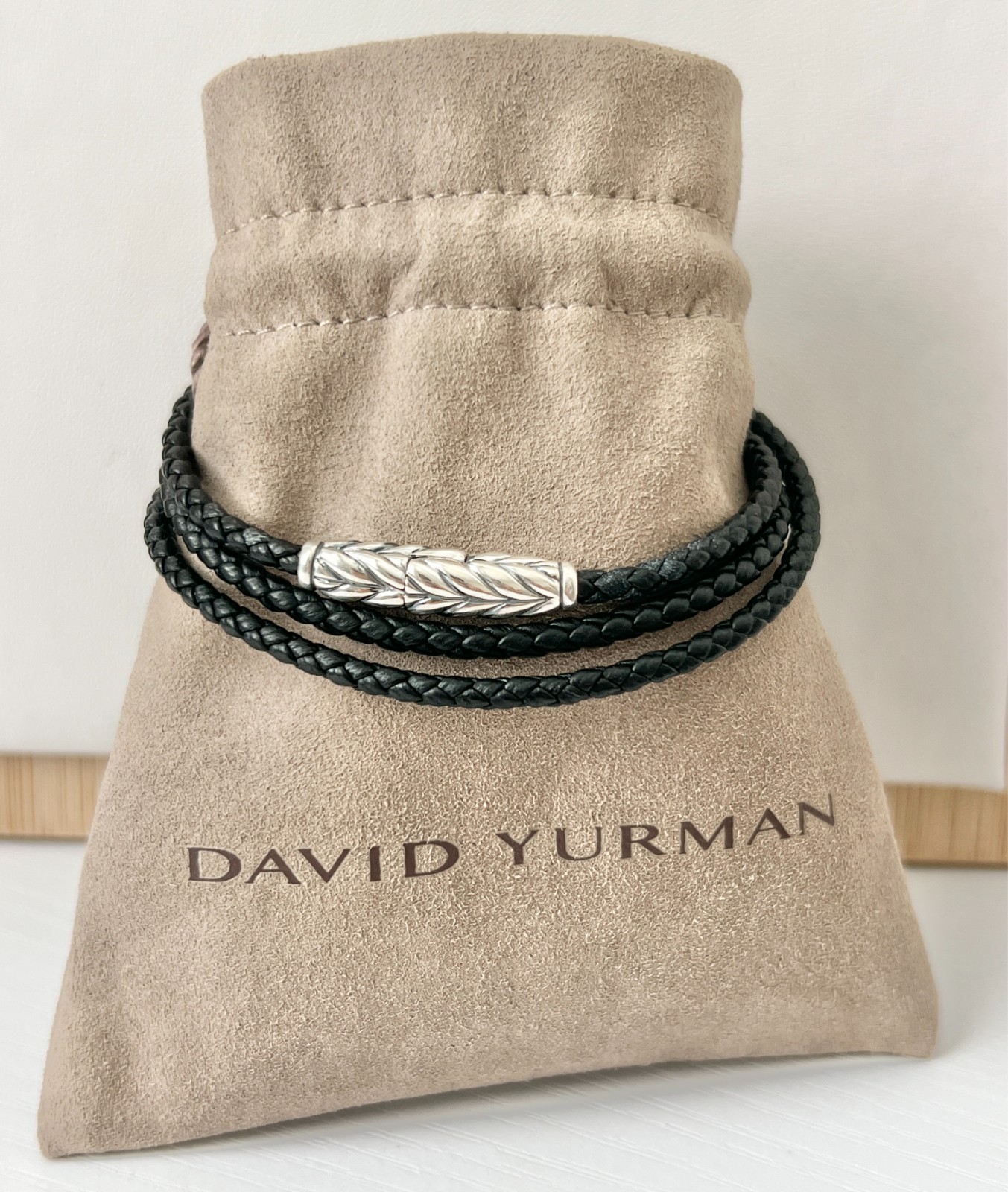 David Yurman Men’s Chevron Black Triple Wrap Leather Bracelet in Silver