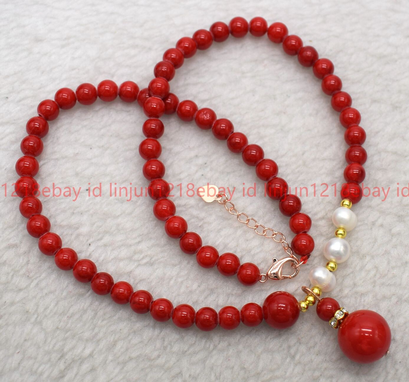 Natural 6mm Red Coral Round Gemstone Beaded White Pearl Pendant Necklace 16-28in
