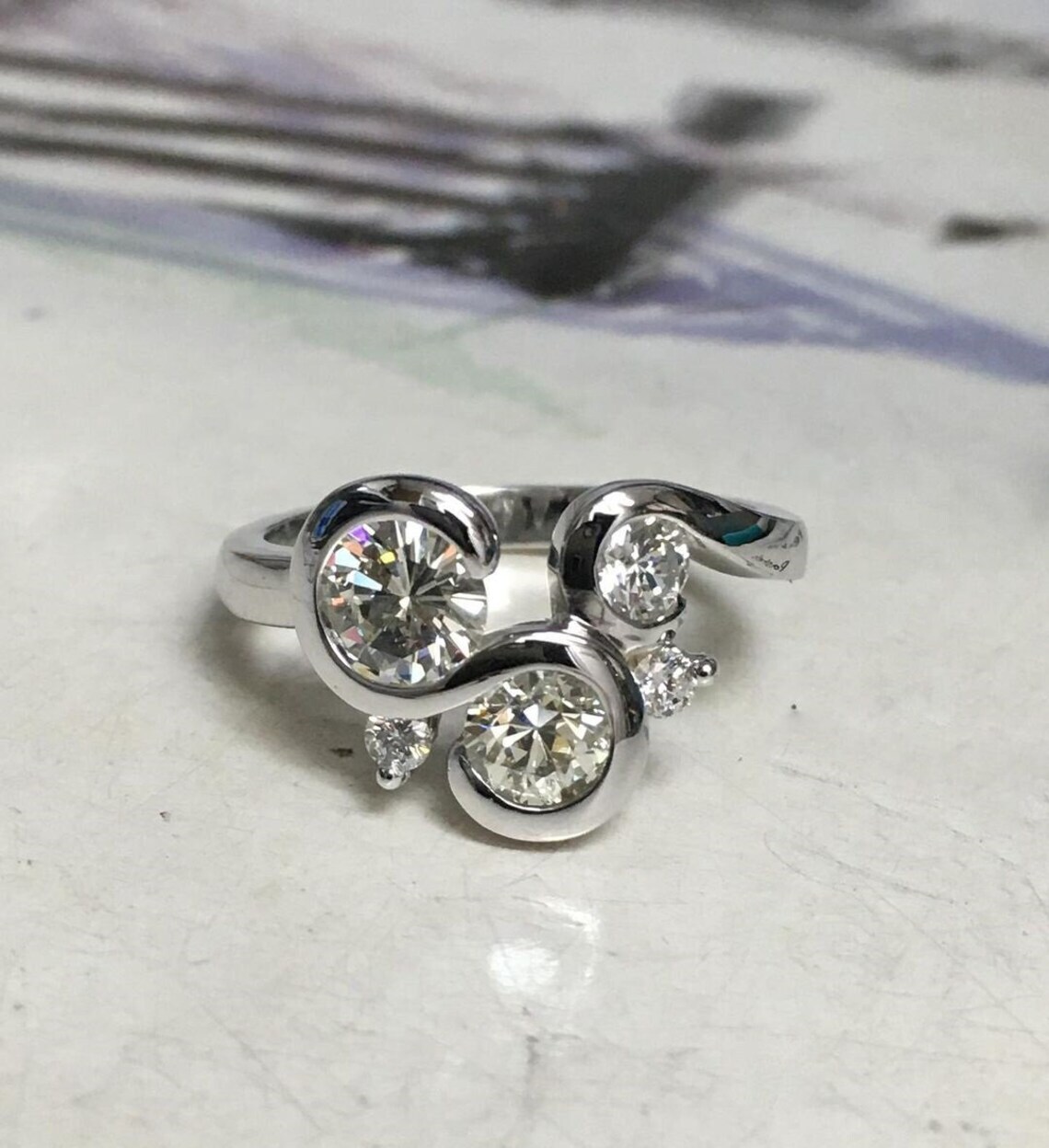 Unique Round Cut Moissanite Bubble Style Engagement Ring in 935 Argentium Silver
