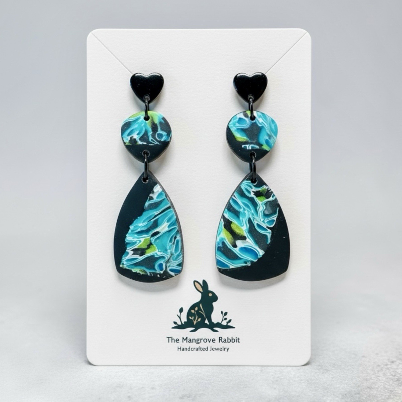 Handmade Black, Blue & Green Large Polymer Clay Dangle Earrings Stainless Posts