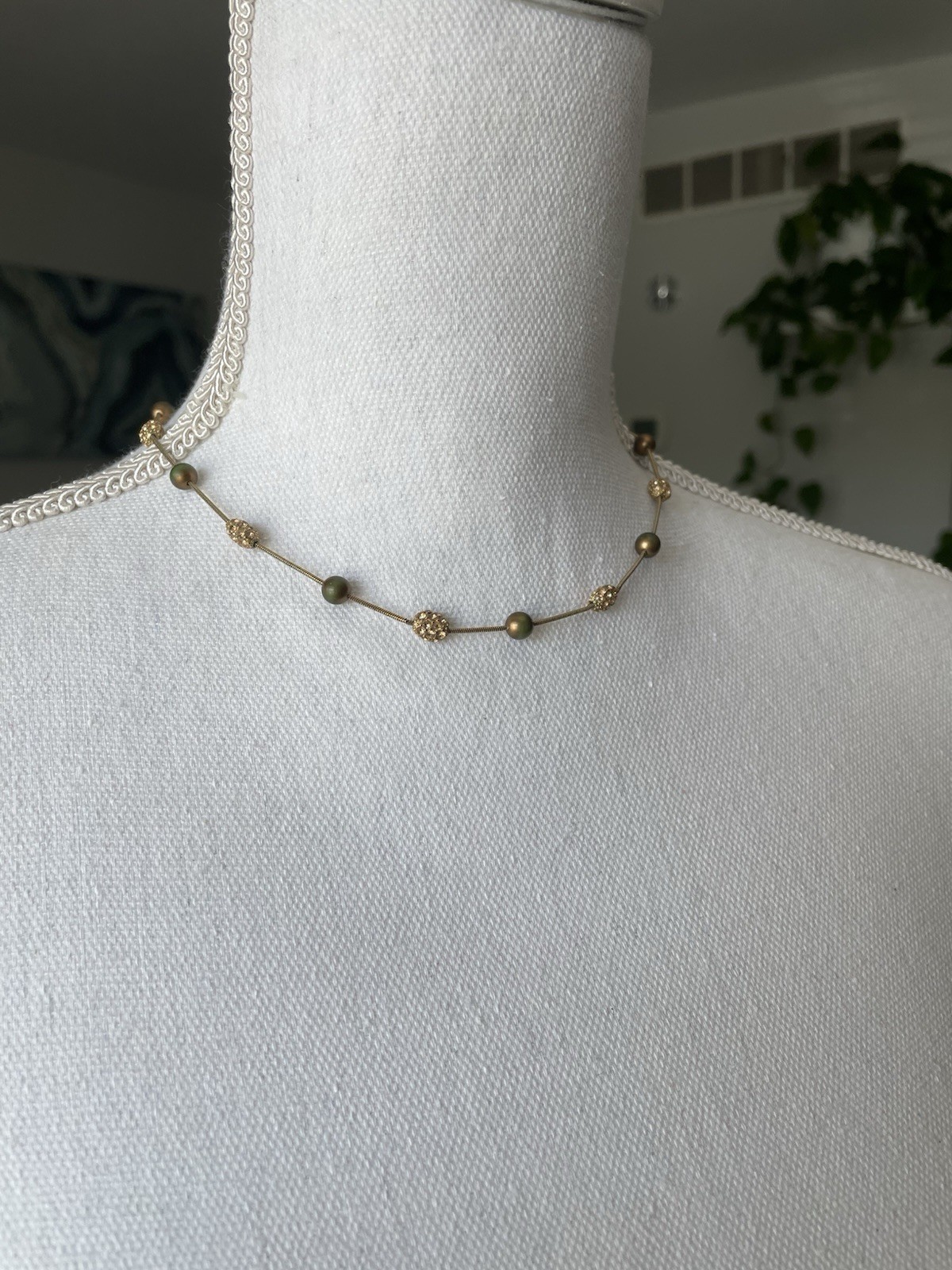 Monet Signed Gold Tone Station Beaded Necklace, Lobster, Extender