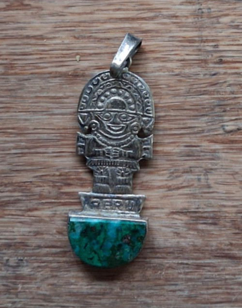 Vintage 925 Sterling Silver TUMI PERU INCAS Pendant w/ turquoise stone