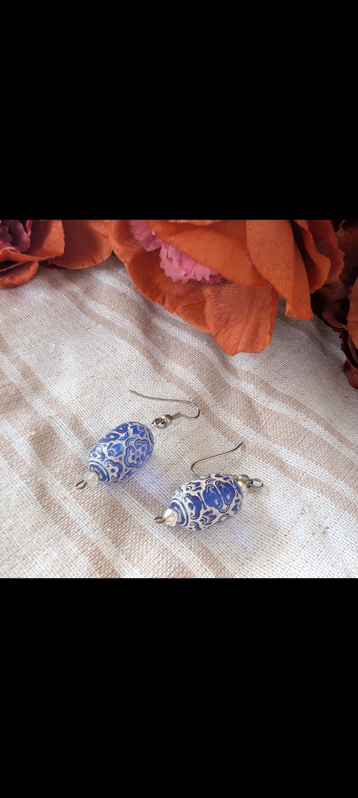 Blue & White Beaded Dangle Drop Hook Earrings Porcelain And Glass