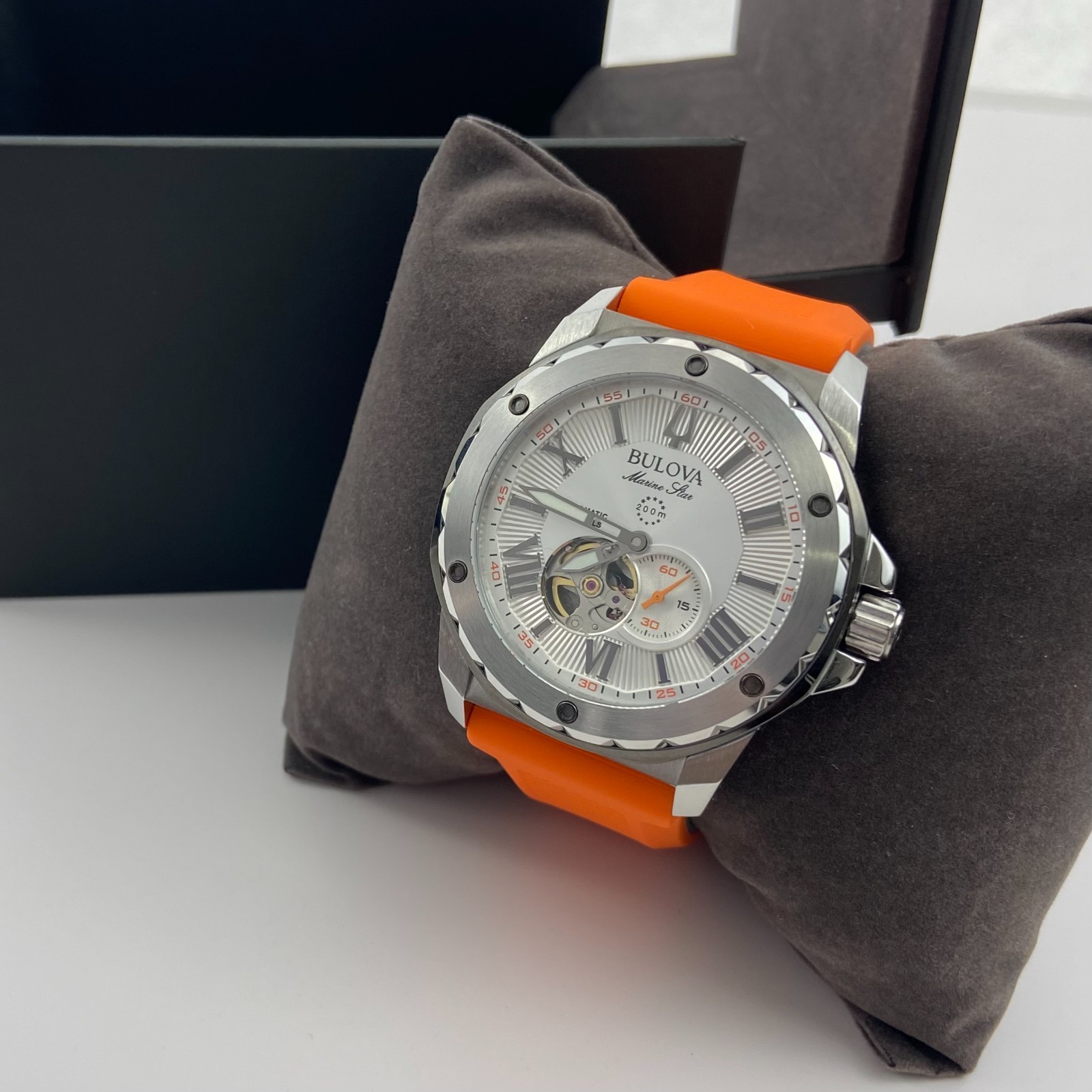 Bulova Marine Star 98A226 Automatic Watch White Dial Orange Rubber Strap 45mm