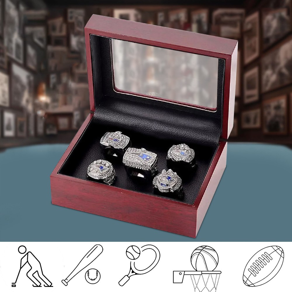5 Holes Championship Ring Display Case Box Wooden Collection Storage Box Gift US