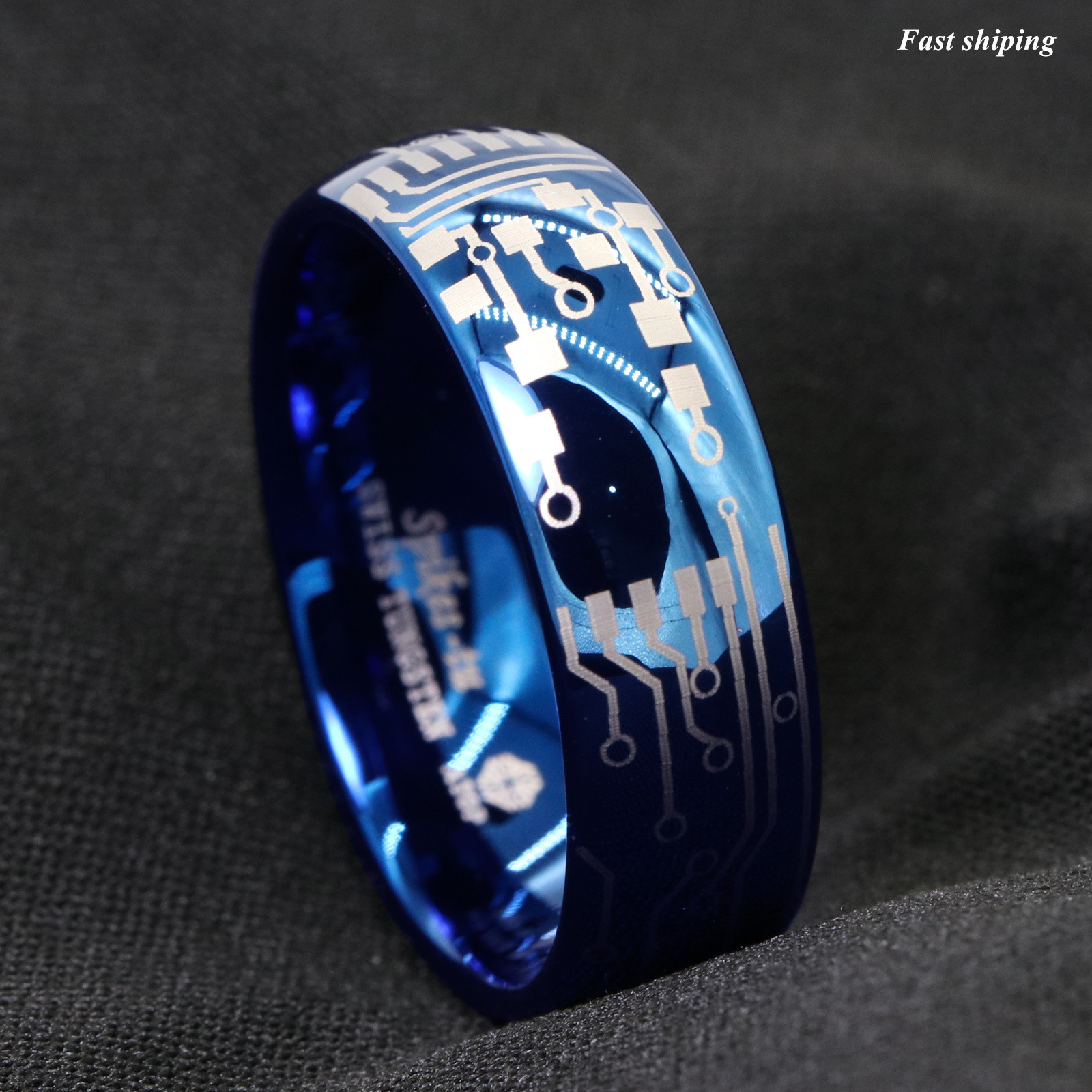 8mm Shiny Blue Dome Tungsten Carbide Ring Laser Circuit Board ATOP Men’s Jewelry