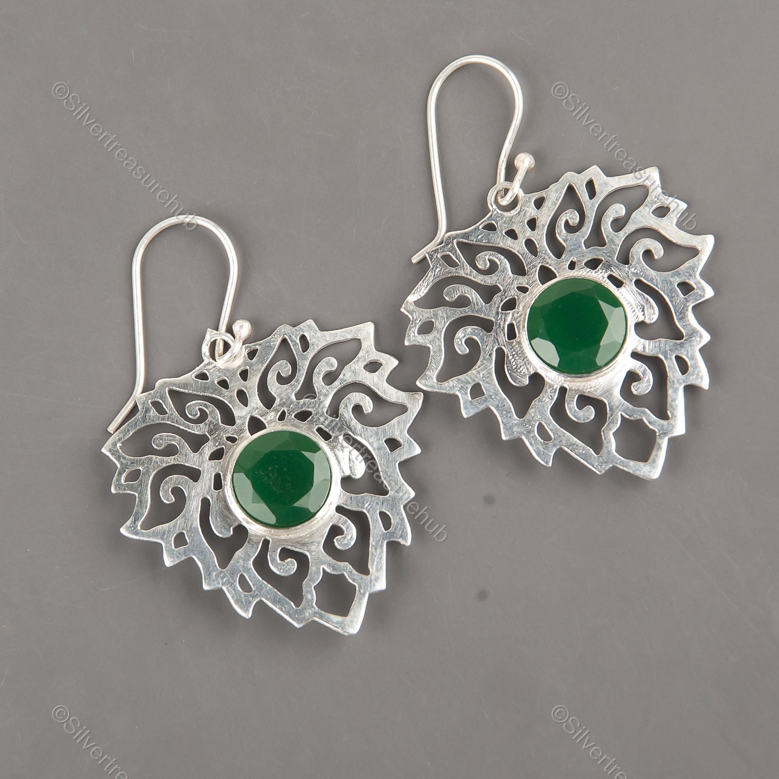 Round Green Onyx Gemstone 925 Silver New Sister Drop Anniversary Trendy Earrings