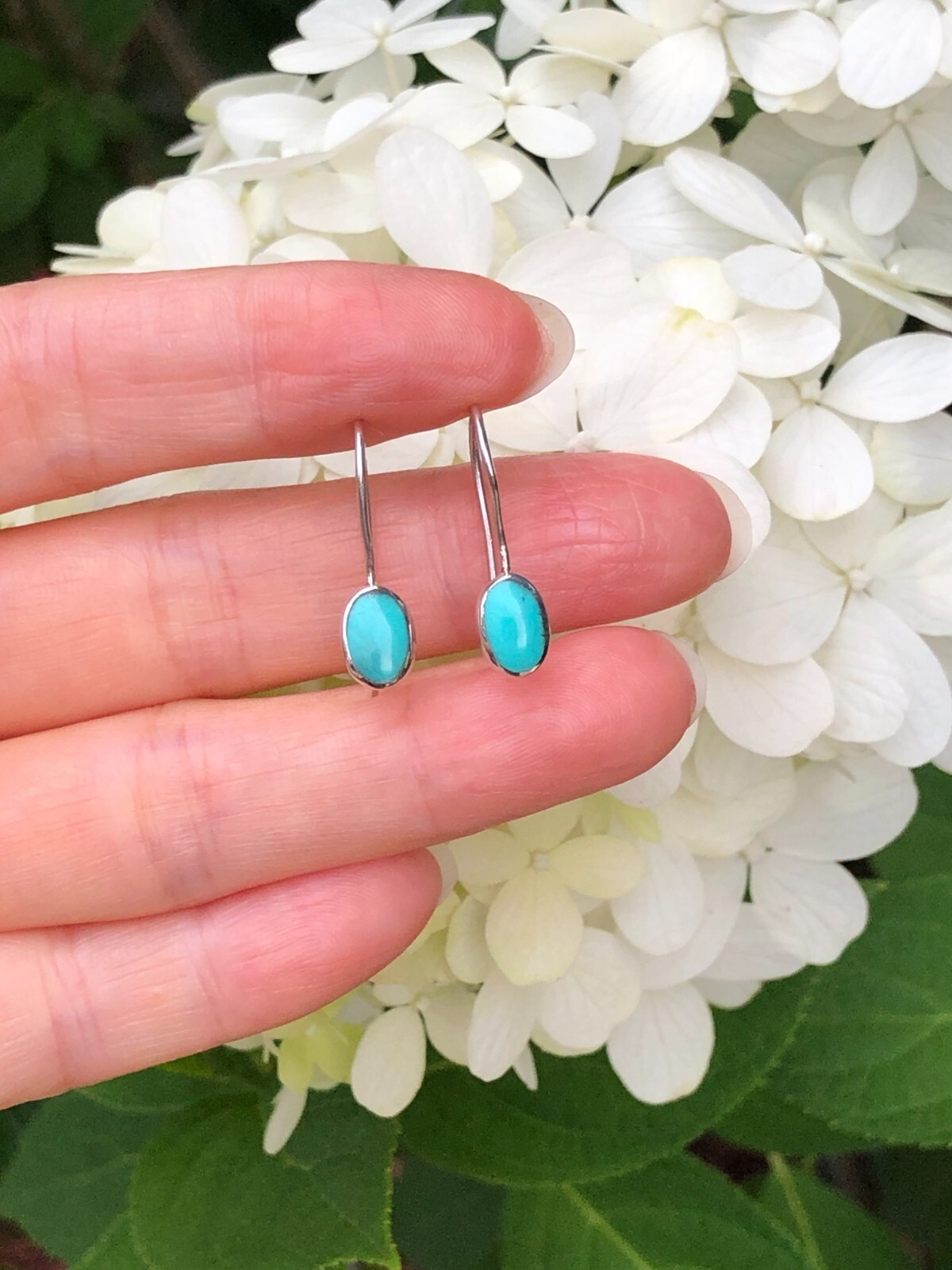 925 Sterling Silver Oval Turquoise Dangle Earrings Tiny Dainty Turquoise 7.5mm