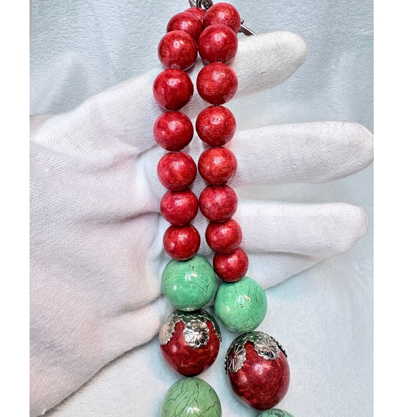 Chunky Coral & Turquoise Color Statement Necklace w Large Green Stone Pendant