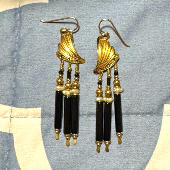Vintage Tabra 14K Gold Filled Winged Black Onyx Drop Earrings
