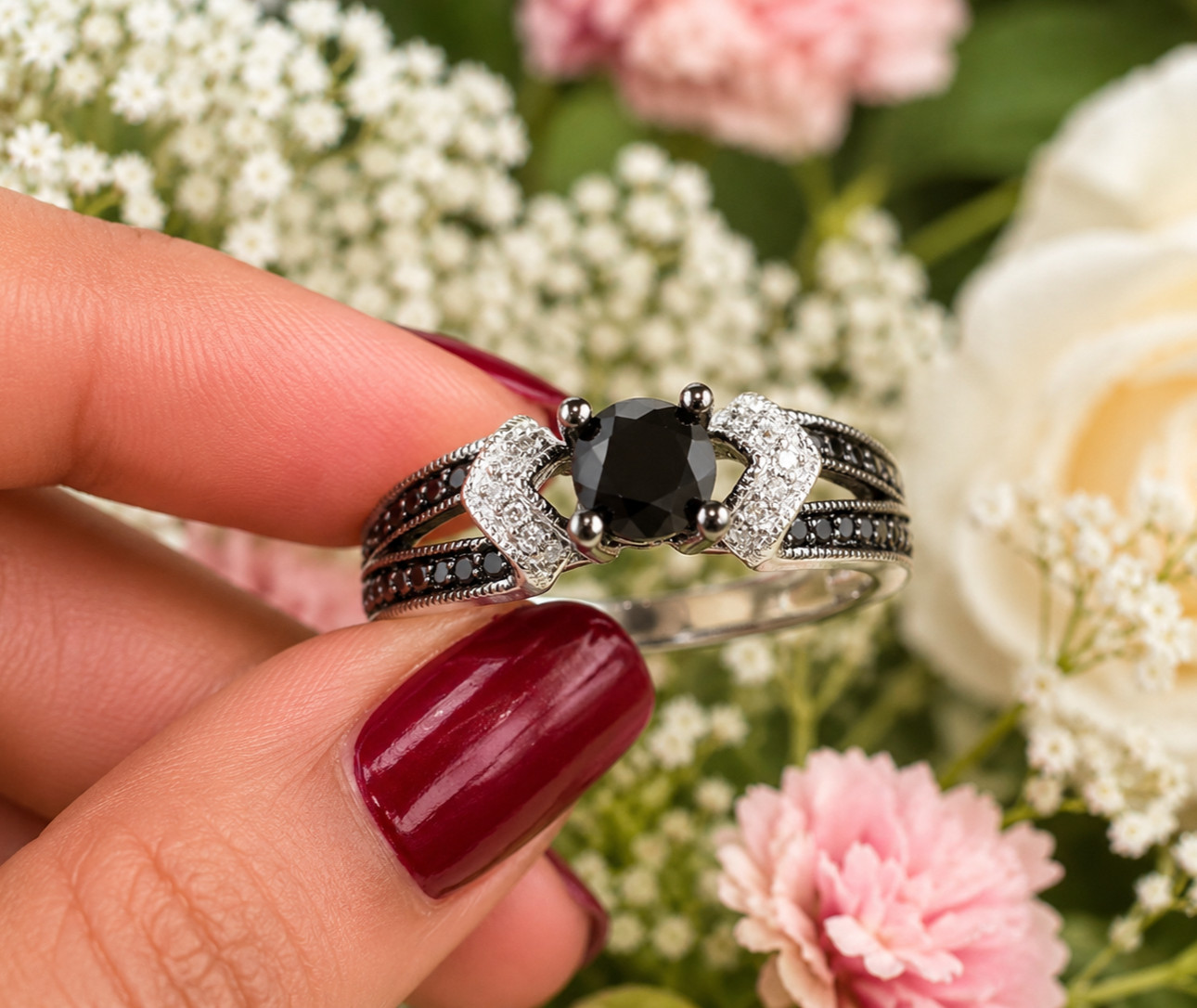 1.50Ct Round Natural Black Spinel Solitaire Engagement Ring 14K White GoldPlated