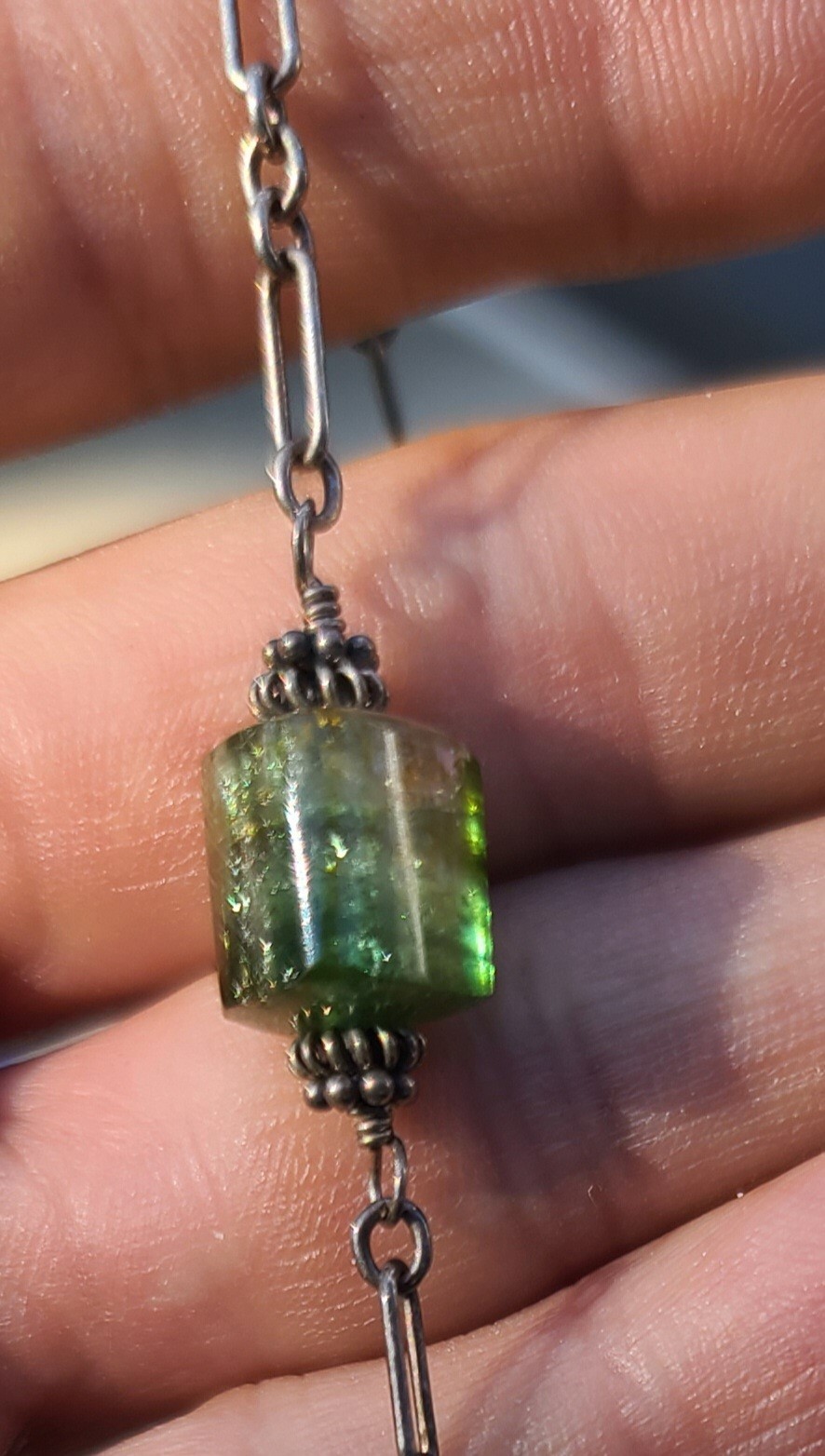 Vintage Sterling 925 Solid Silver Flourite Pendant Chain 17.75″ Necklace 3mm W