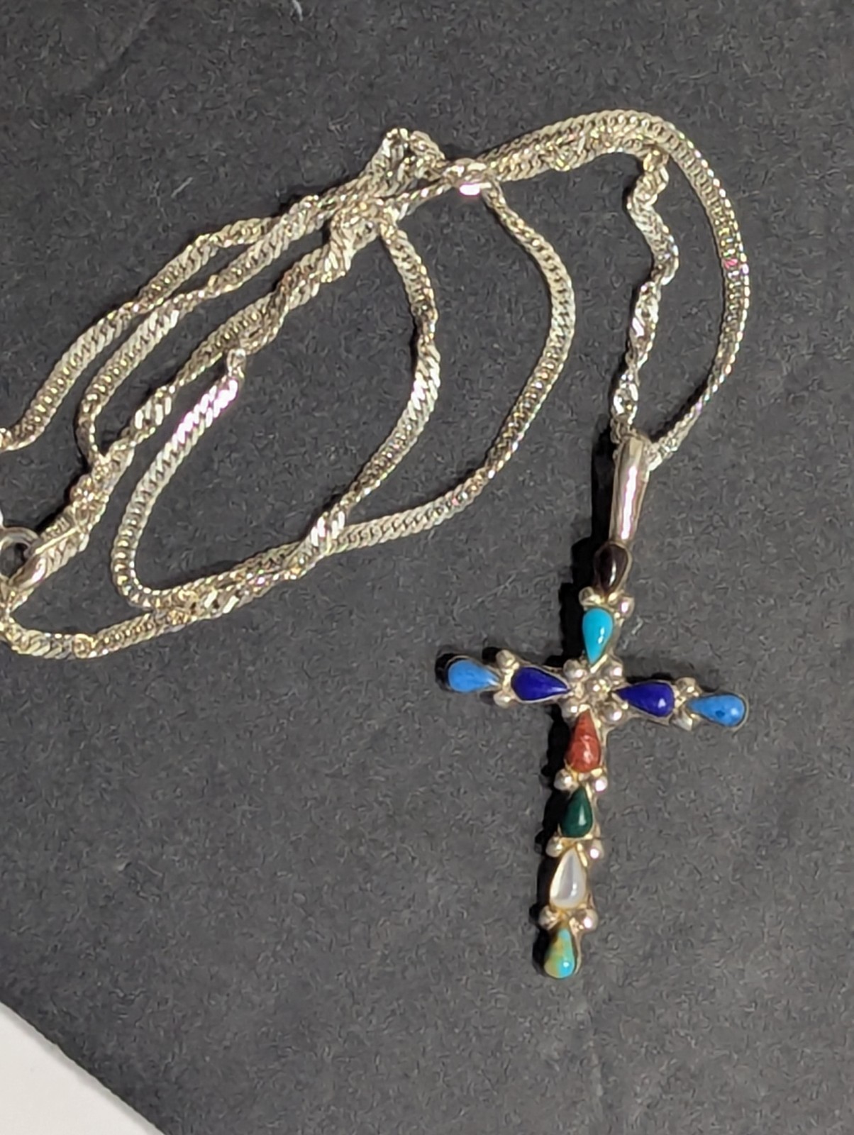 Multi-Stone Sterling Silver Cross Pendant Necklace