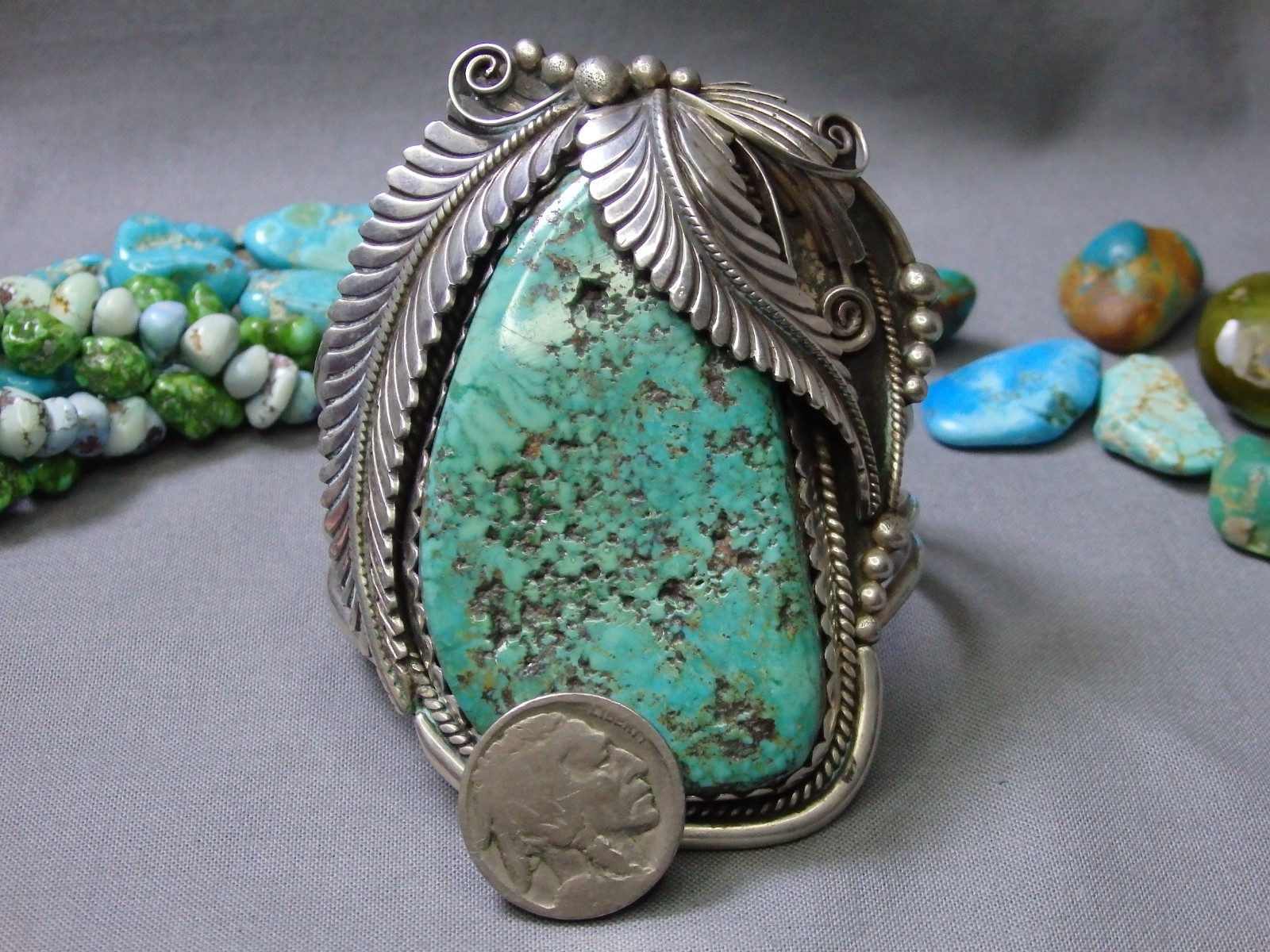 NAVAJO D. Lister KINGMAN TURQUOISE Sterling Silver SQUASH BLOSSOM 110g Bracelet