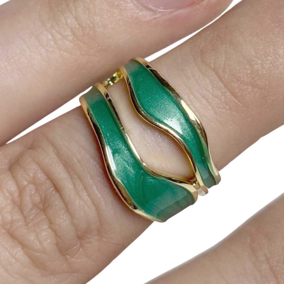 Gold Tone Green Enamel Abstract Wavy Open Wrap Ring Size 6.5 Adjustable