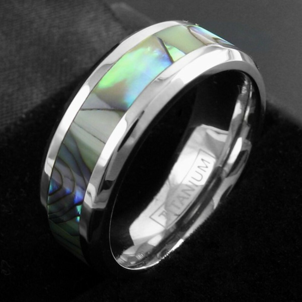 Titanium Men’s Abalone Center Stripe Wedding Band Ring Size 9-13