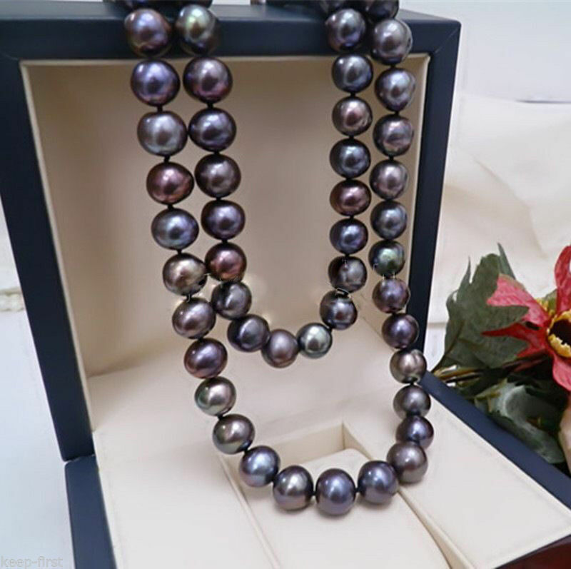 Rare Natural 8-9mm Black Freshwater Cultured Pearl Necklace 18”