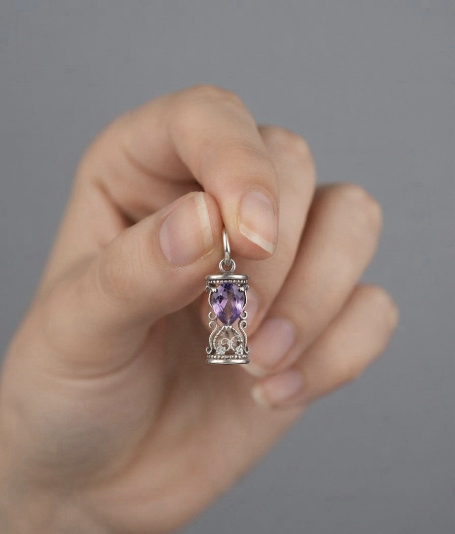 Natural Amethyst Hourglass Design Pendant in 925 Sterling Silver