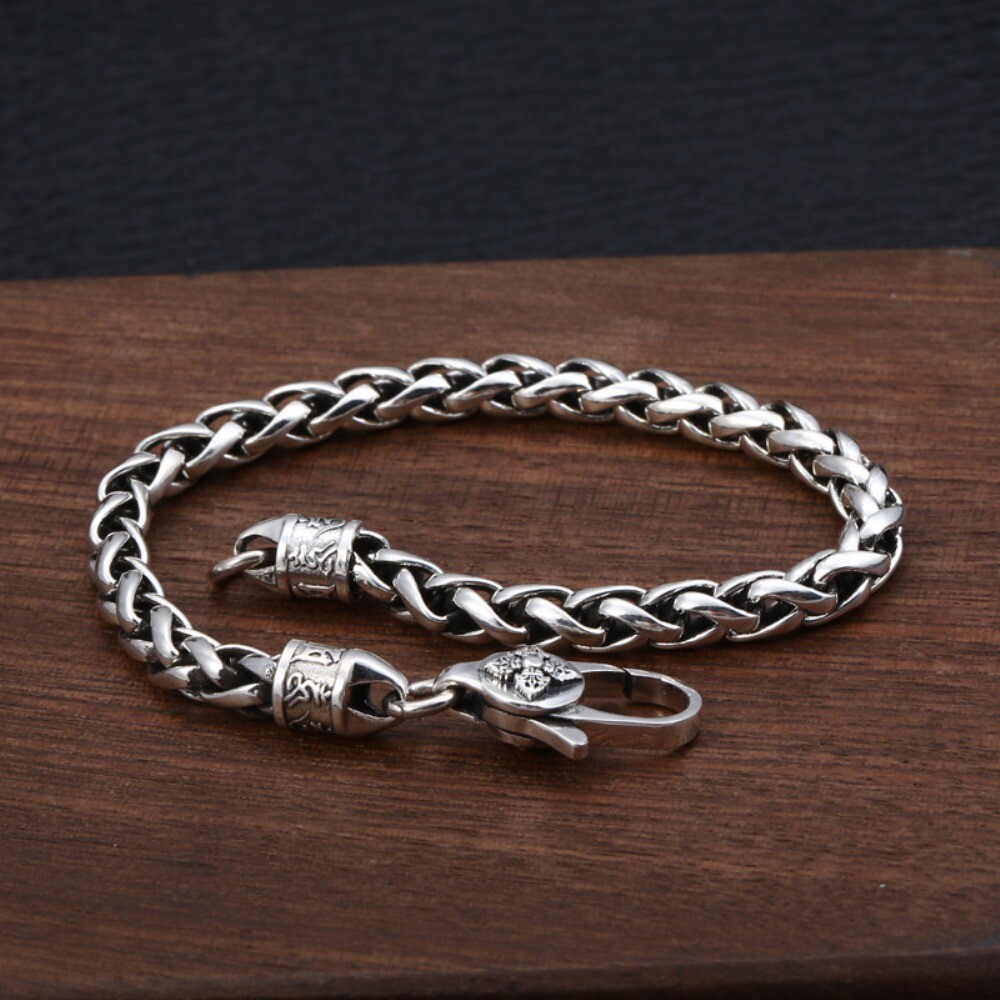 Solid 925 Sterling Silver 5mm Square Wheat Link Chain Men’s Bracelet 7.08-8.26″L