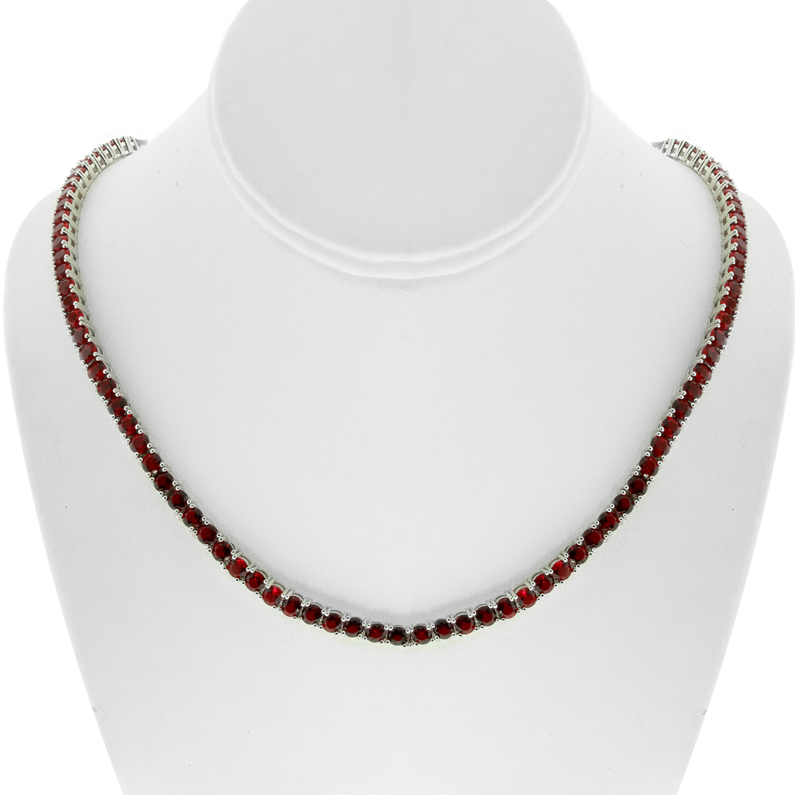 Solitaire 4MM Tennis Chain Necklace Silver Finish Red Lab Diamonds 18-24”