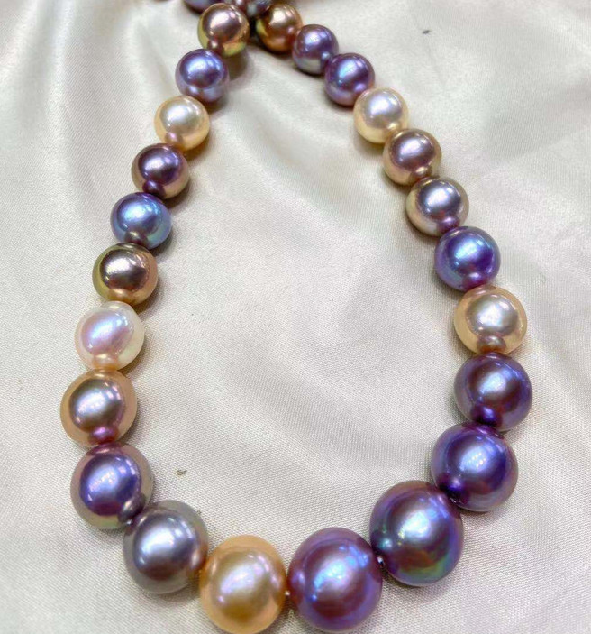 Suberb 17″12-15mm South Sea Genuine purple lavender Gold Round Pearl Necklace 20