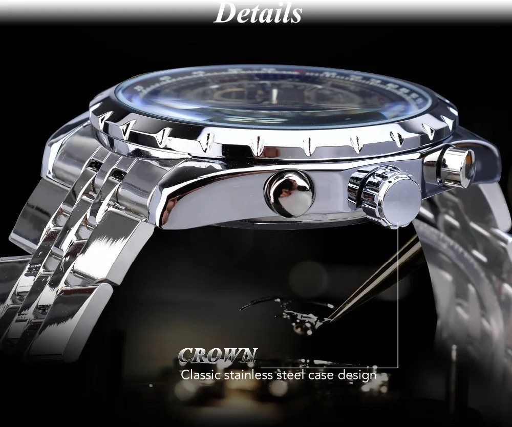 Jaragar Blue Glass Design Black Silver Automatic Watch Stainless Steel Date…
