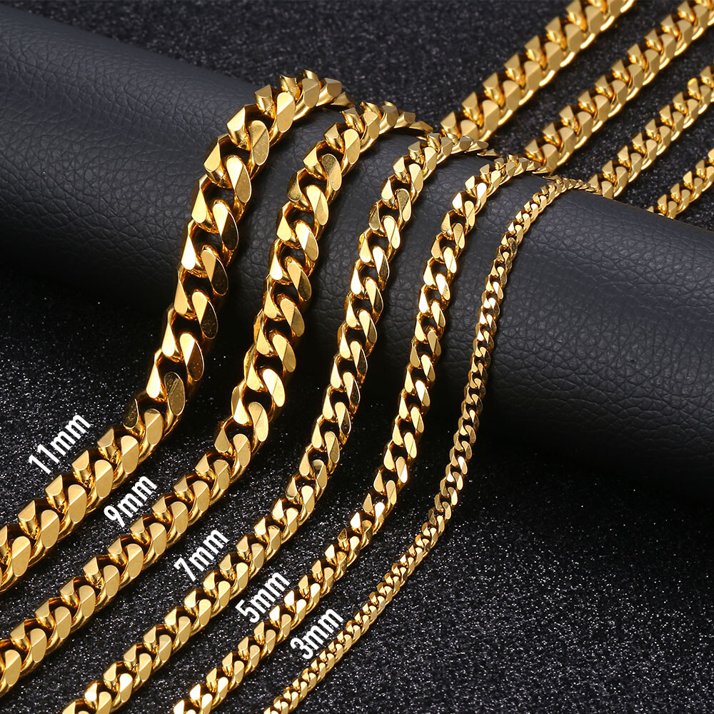 3-11mm Silver/Gold Plated Stainless Steel Cuban Link Necklace Chain Choker 16-24