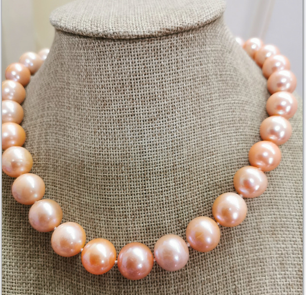 Huge 17″12-15mm South Sea Genuine Golden Gold Pink Round Pearl Necklace A+