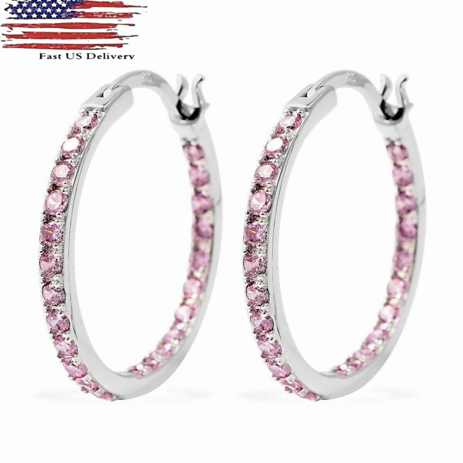 Silver Plated Cubic Zirconia CZ Inside Out Hoops Hoop Earrings Lab-Created B99