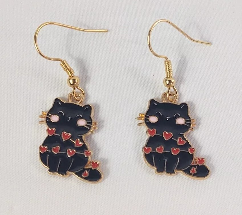 Hook Drop Dangle Pierced Earrings Black Cats Red Hearts Love Costume Jewelry