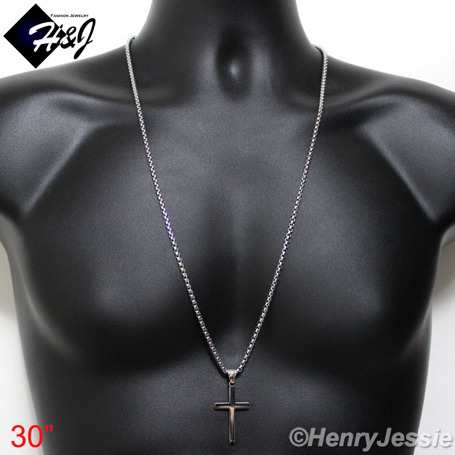16-36″MEN Stainless Steel 2/3/4mm Silver Smooth Box Link Chain Cross Pendant*SP