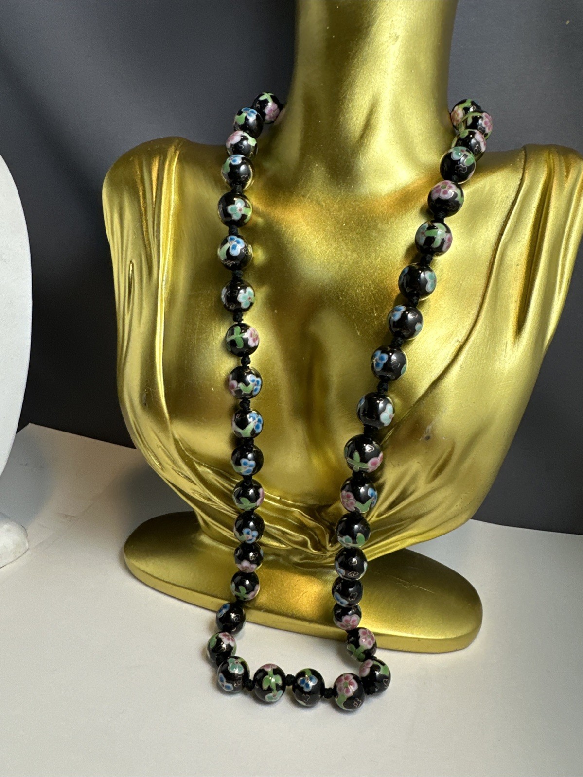 24 Inch Handknotted Hand-Painted Floral Porcelain Beaded Asian Necklace