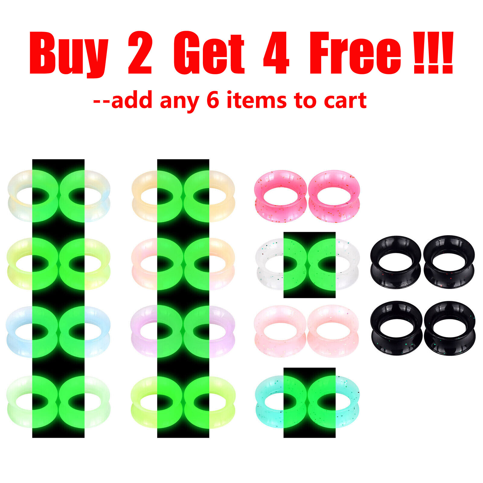 Pair Thin Silicone Glow in the Dark Tunnels Ear Gauges Earskin Expander 2g-3/4″