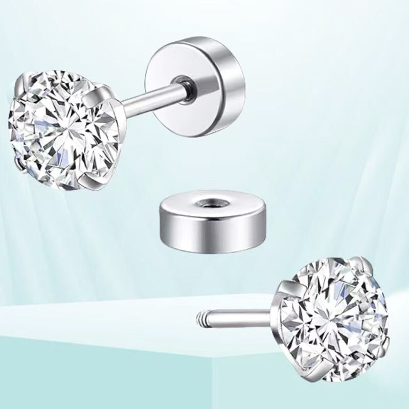 Hypoallergenic Silver Stainless Steel Round CZ Stud Earrings Screw Back PE31