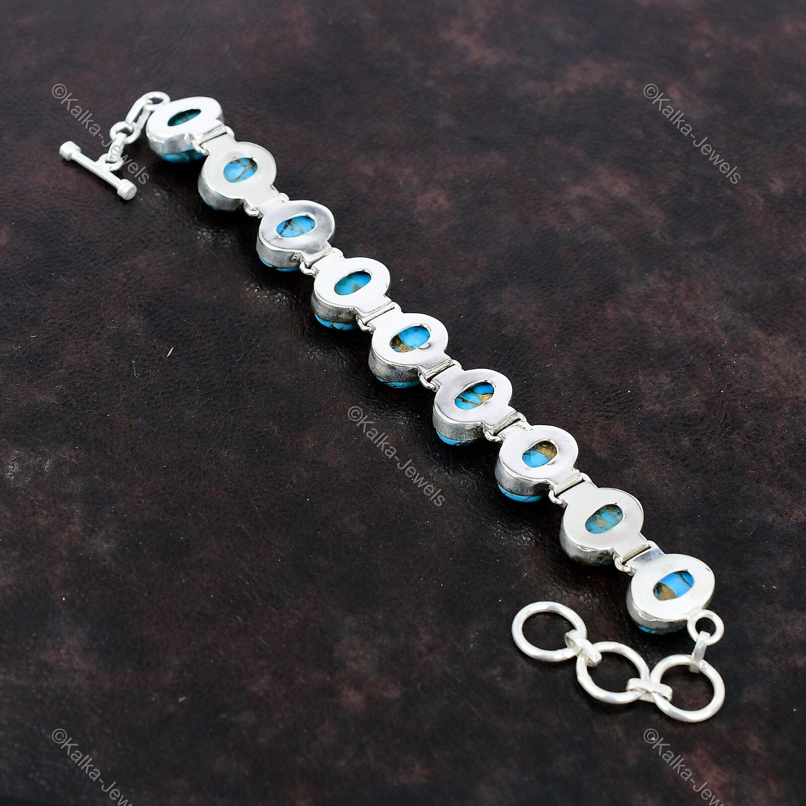 Natural Copper Blue Turquoise Chain Adjustable Bracelet 925 Silver For Women
