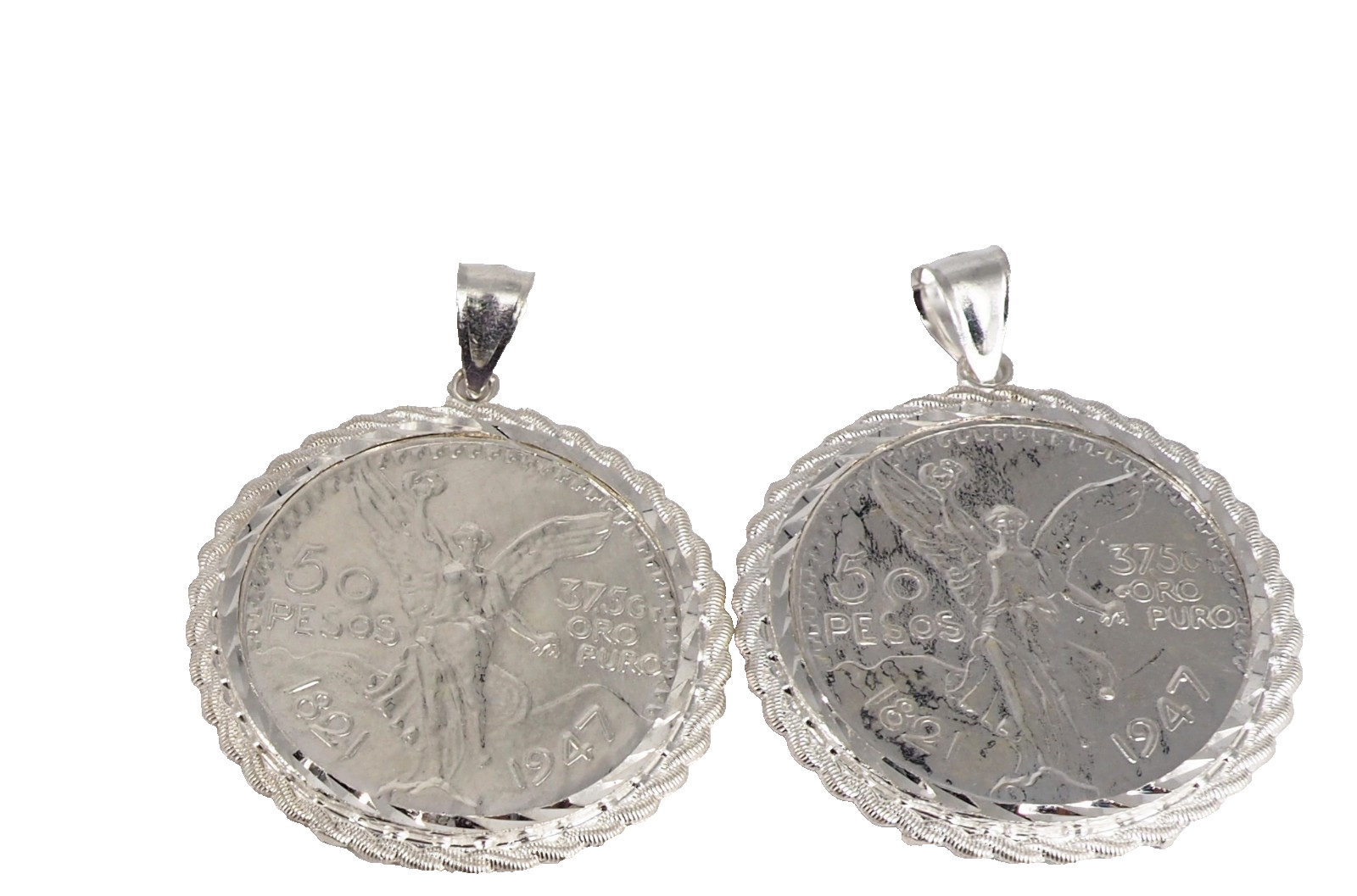 925 Sterling Silver Mexican 50 Peso Centenario Coin Bezel Rope Pendant Necklace