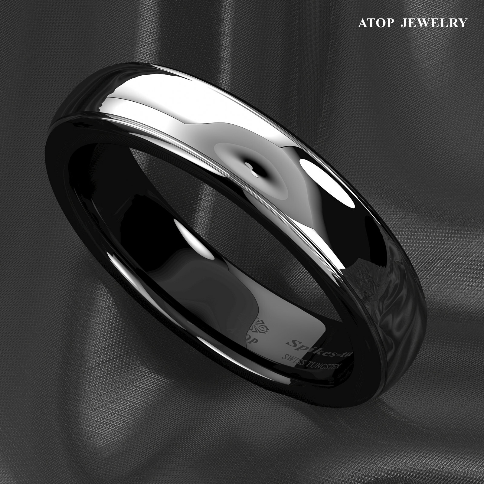 8/6mm Dome Black Silver Center Tungsten Carbide Ring ATOP Wedding Band Bridal